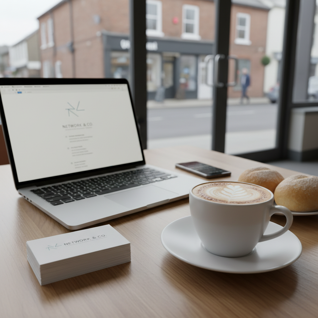 A close-up, photographic image of a polished oak table surface with a laptop, a tidy stack of business cards, and a smartphone placed beside a freshly brewed cappuccino in a glossy white cup and a small plate of golden-brown breakfast rolls. The scene is illuminated by diffused early-morning light from an unseen window, creating soft reflections on the laptop’s metallic casing and the coffee’s creamy foam. In the blurred background, a large glass door reveals a hint of a local high street, subtly conveying a community setting. Shot at a slightly elevated angle, the mood is focused, professional, and ready for networking.