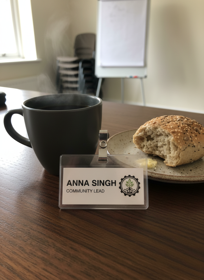 A detailed, photographic close-up of a crisp, branded name badge lying on a smooth, dark wooden counter beside a steaming black coffee in a matte charcoal mug and a half-eaten, seeded breakfast roll on a small stoneware plate. In the soft morning light from a nearby window, the badge’s plastic surface reflects a gentle sheen, while the bread’s crumb texture and seeds are sharply defined. The background falls into soft bokeh, hinting at stacked chairs and a flipchart near a wall, suggesting a local business meet-up. The scene feels intimate, professional, and community-focused.