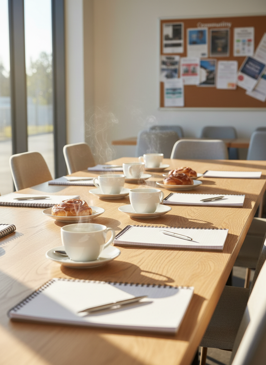 A long wooden breakfast table in a bright, modern café-style meeting space, carefully set with neatly arranged notepads, sleek pens, and pristine white ceramic coffee cups beside plates holding warm breakfast rolls. Steam rises gently from the coffee, catching the soft morning sunlight streaming through tall windows. In the background, blurred outlines of chairs and a community noticeboard hint at a local business gathering. Photographic realism with an eye-level composition and shallow depth of field keeps the focus on the inviting table setup. The atmosphere feels professional yet relaxed, suggesting useful business conversations over breakfast in a welcoming environment.