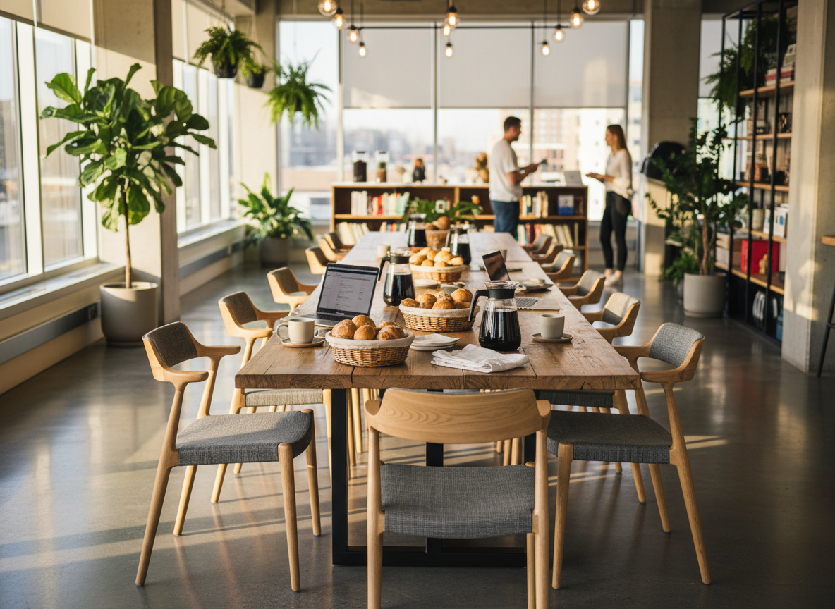 A wide-angle, photographic shot of a contemporary, light-filled coworking-style space with a long communal table, high-quality chairs pushed back slightly as if recently occupied, and open laptops paused mid-task. Along the center of the table, carafes of freshly brewed coffee, neatly folded napkins, and baskets of crusty breakfast rolls create a welcoming spread. Large windows let in golden morning light, casting subtle shadows on the concrete floor and highlighting the textures of wood, fabric, and ceramic. The overall mood is energetic but unhurried, capturing the essence of relaxed business networking before the workday begins.