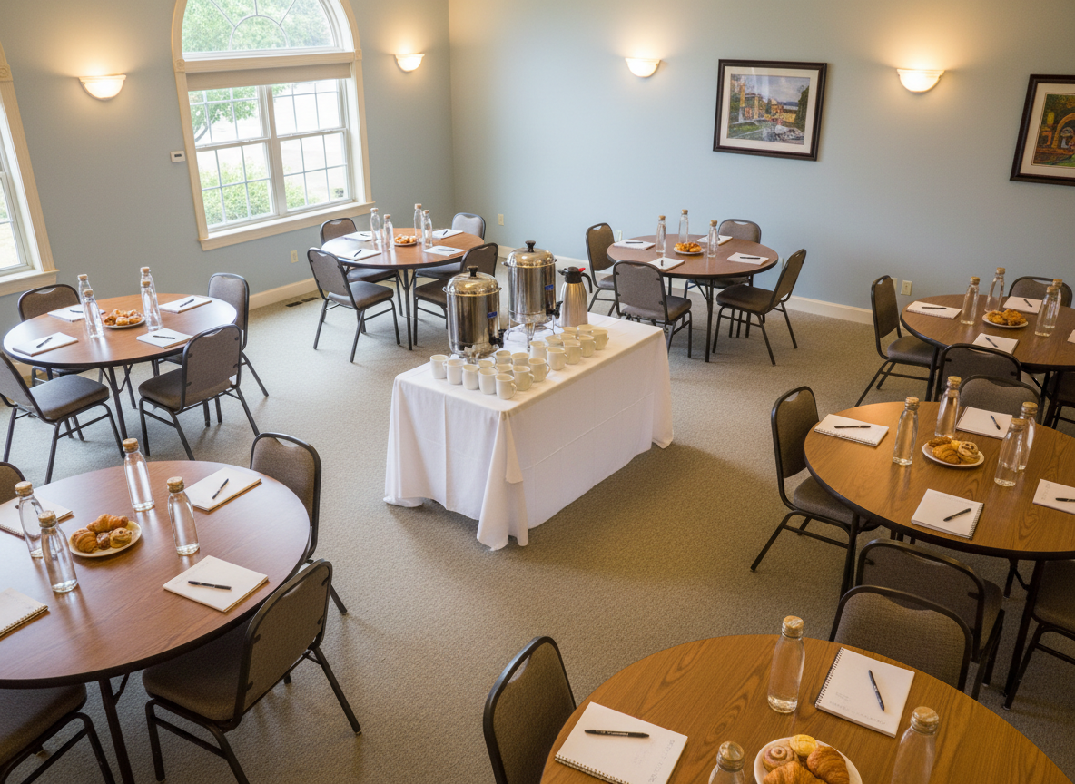 An overhead, photographic view of several small round tables arranged in a semi-circle in a community meeting room, each table neatly set with reusable water bottles, simple notepads, pens, and individual plates with pastries and breakfast rolls. In the center, a large stainless-steel coffee urn and a row of white mugs sit on a side table. Soft, even ceiling lighting combines with gentle natural light from side windows, creating a bright, approachable atmosphere. The composition emphasizes the layout, suggesting multiple informal networking clusters. The image feels organized yet casual, ideal for a local business breakfast event.